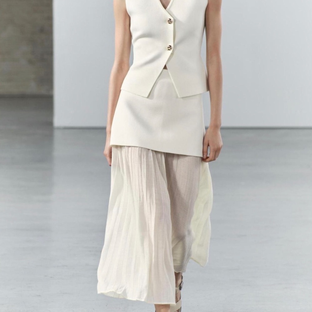 Zara Cream Asymmetrical Pleated Midi Skirt